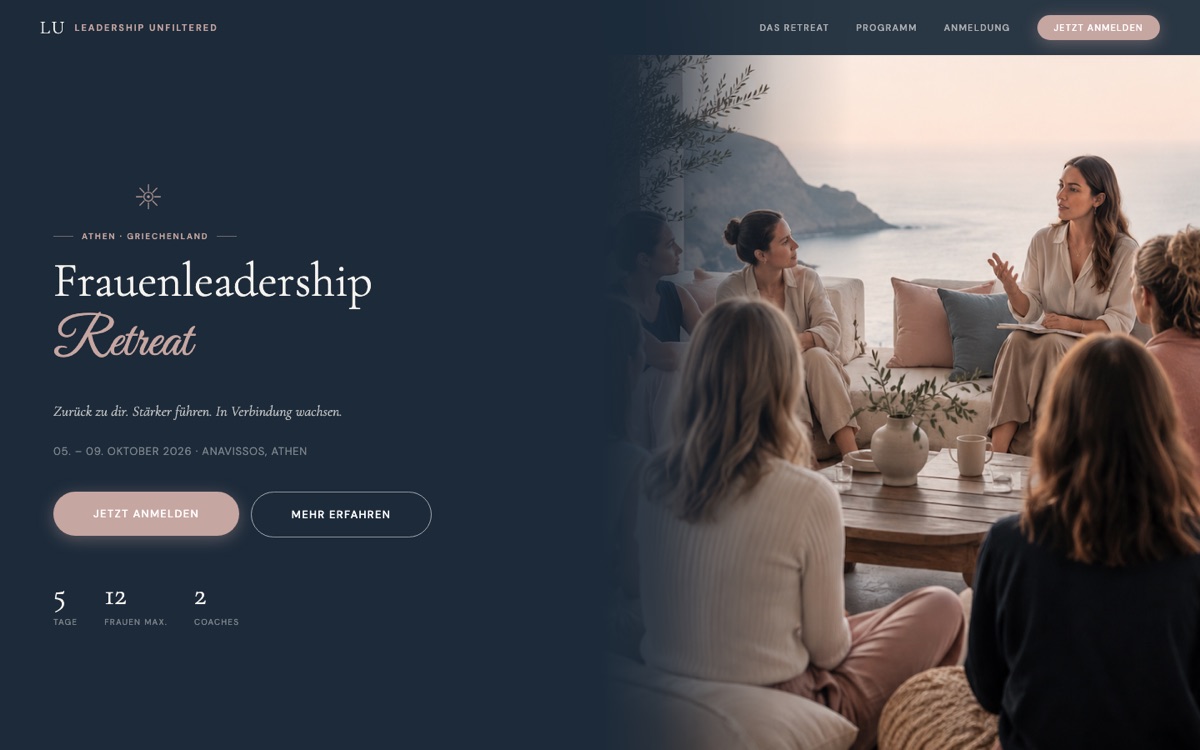Startbereich der Landingpage für das Leadership Unfiltered Retreat