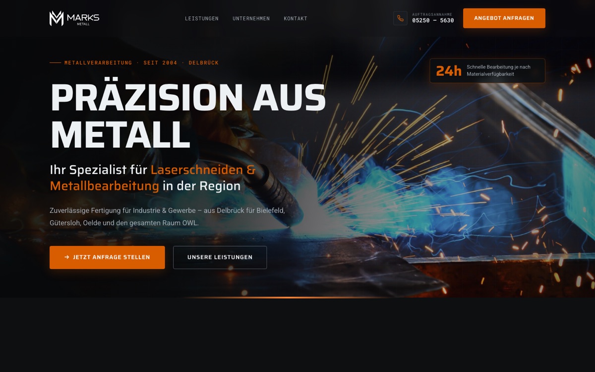 Startbereich der Landingpage für Marks Metall